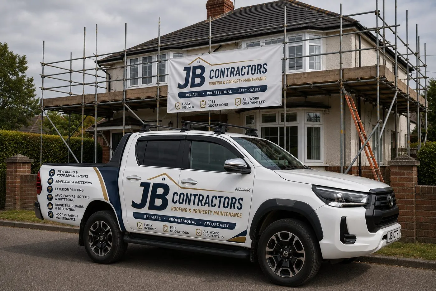 Port Isaac Roofing pickup truck on site at a scaffolded roofing job in Port Isaac